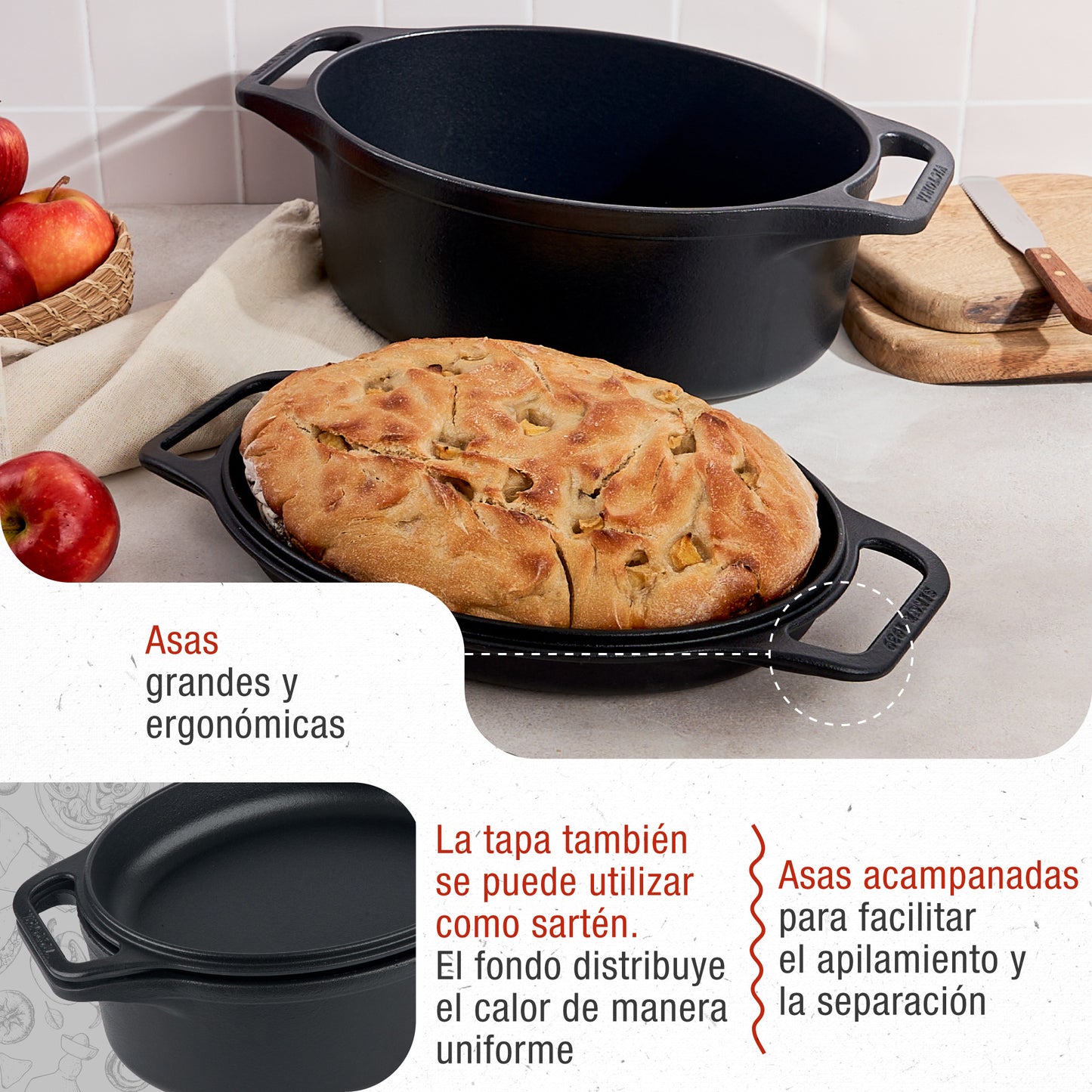 Victoria Horno Holandés Olla Inducción Hierro Fundido Curado 31cm, Tapa - Sartén, 5,7l, Sin Ptfe, 38847, Negro_2