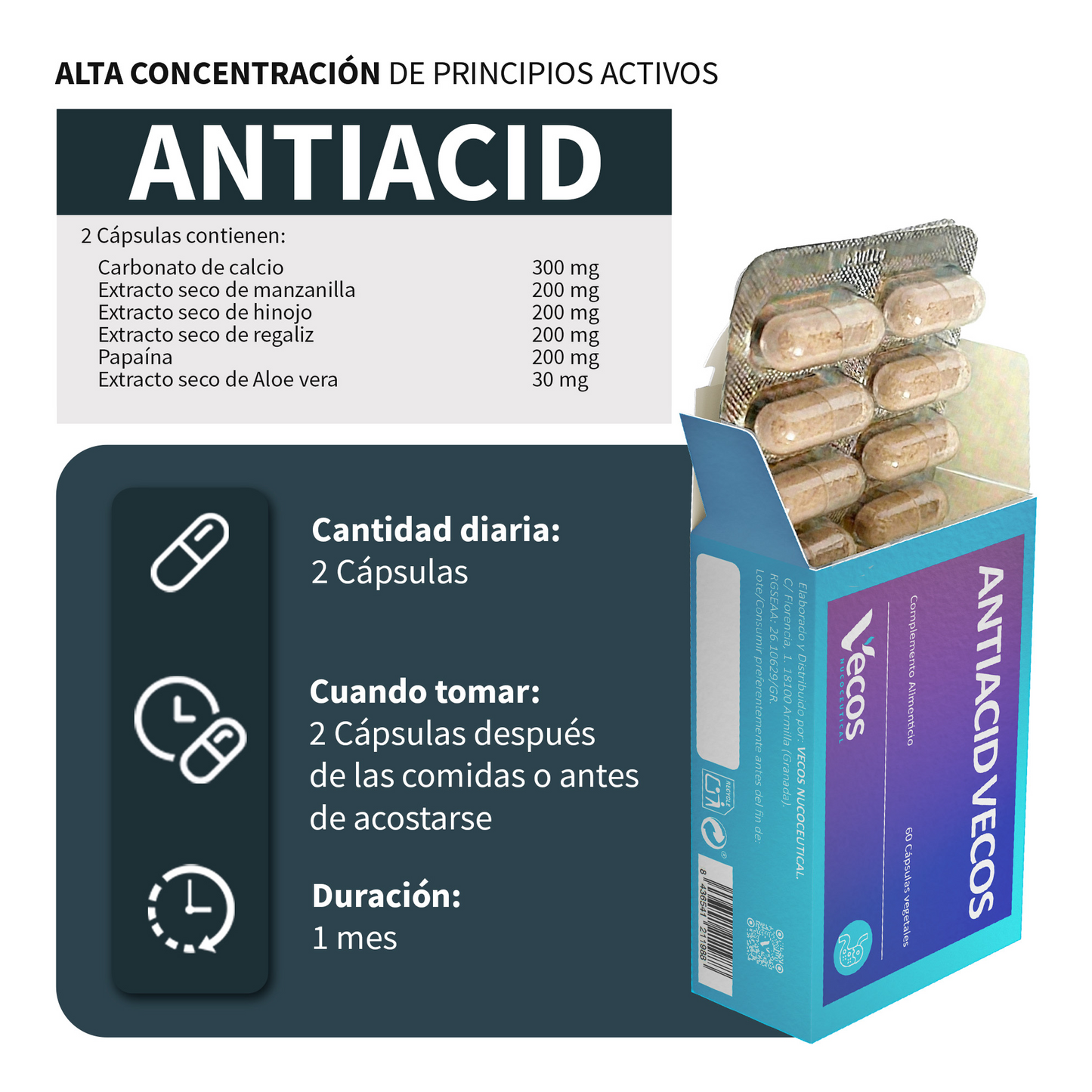 Antiacid Vecos 60 Cápsulas | Antiácido Y Antirreflujo | Alginato De Sodio Y Calcio_2