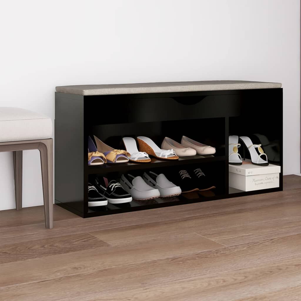 Vidaxl Banco Zapatero Con Cojín Madera Ingeniería Negro 104x30x49 Cm_1
