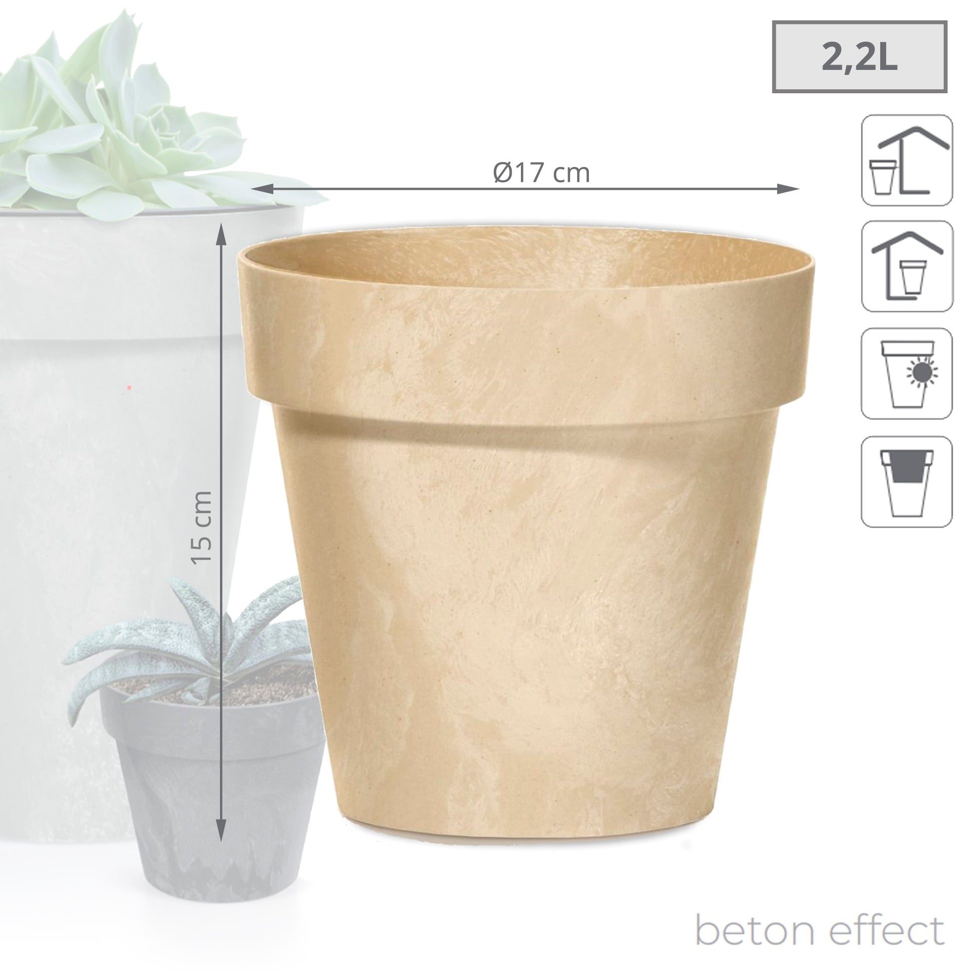 Maceta Cube Beton Effect 2,2l., Dimensiones (mm) 170x170x150, Color Crema