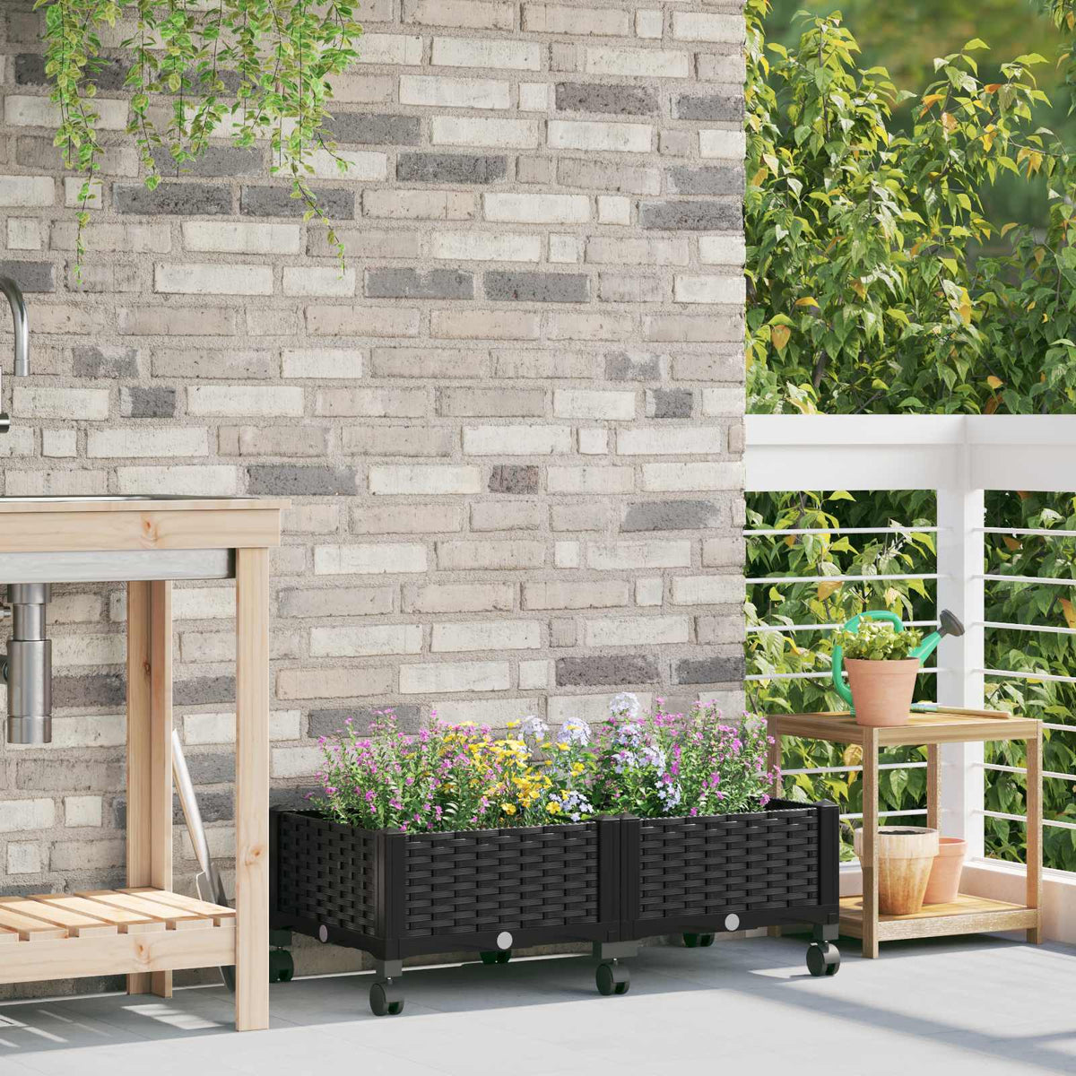 Macetero De Jardín Con Ruedas Negro 80 X 40 X 29 Cm Pp_1