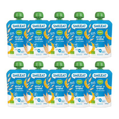 Embalagem com 10 saquetas de iogurte e aveia Smileat ECO 100g