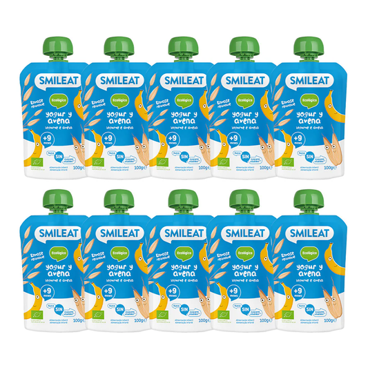 Embalagem com 10 saquetas de iogurte e aveia Smileat ECO 100g