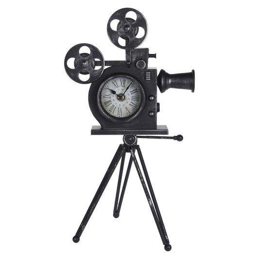 Well Home Reloj De Mesa Modelo Cámara De Peliculas En Metal Negro 29x22x53cm_0