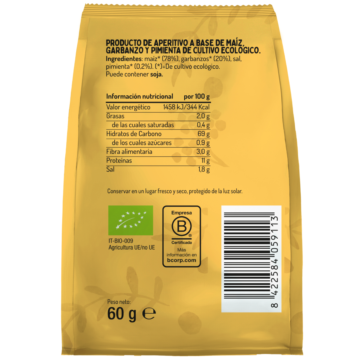 Snack Chips de Maíz, Garbanzo y Pimienta Bio El Granero 60 g