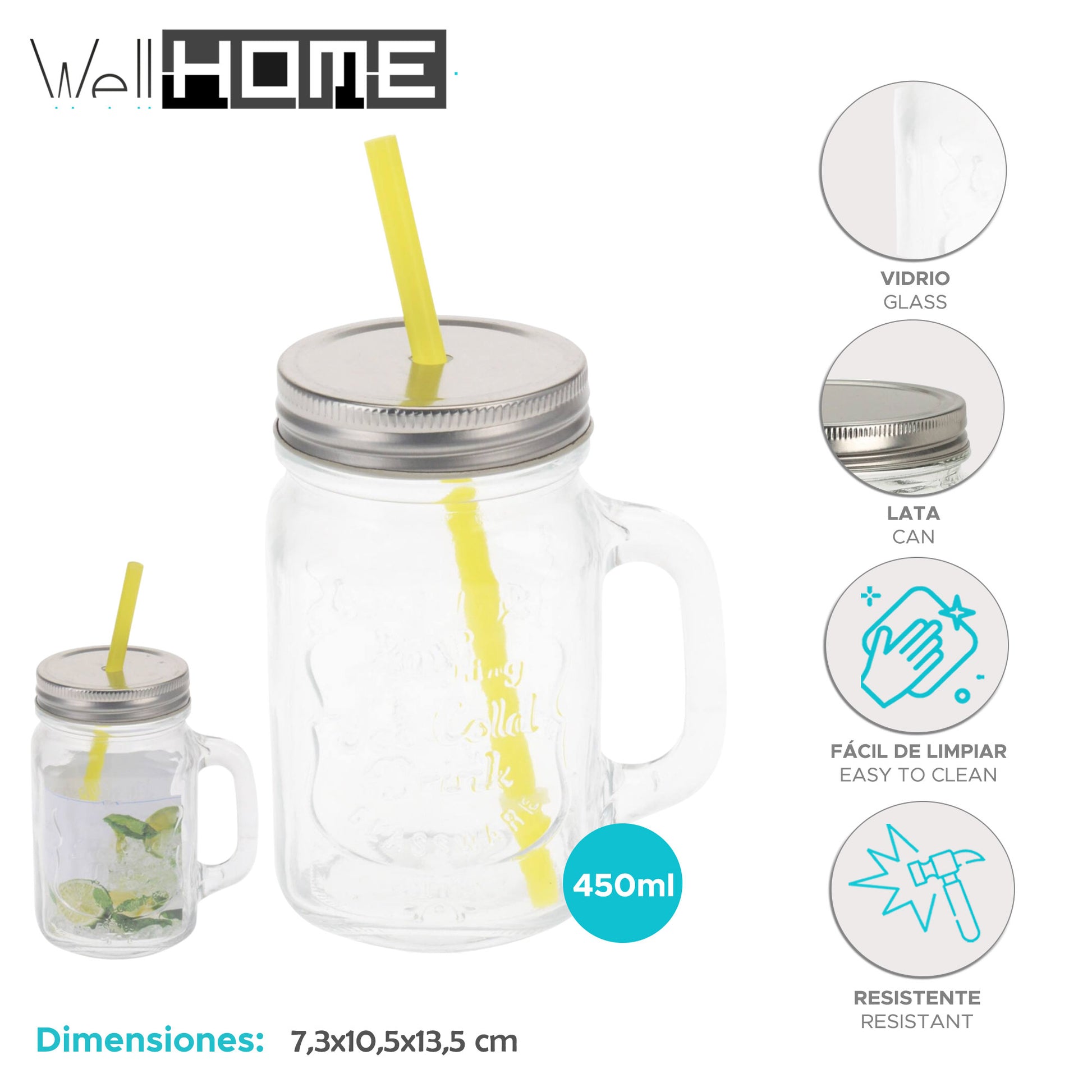 Well Home Vaso De Cristal De 450ml Con Pajita Amarilla_1