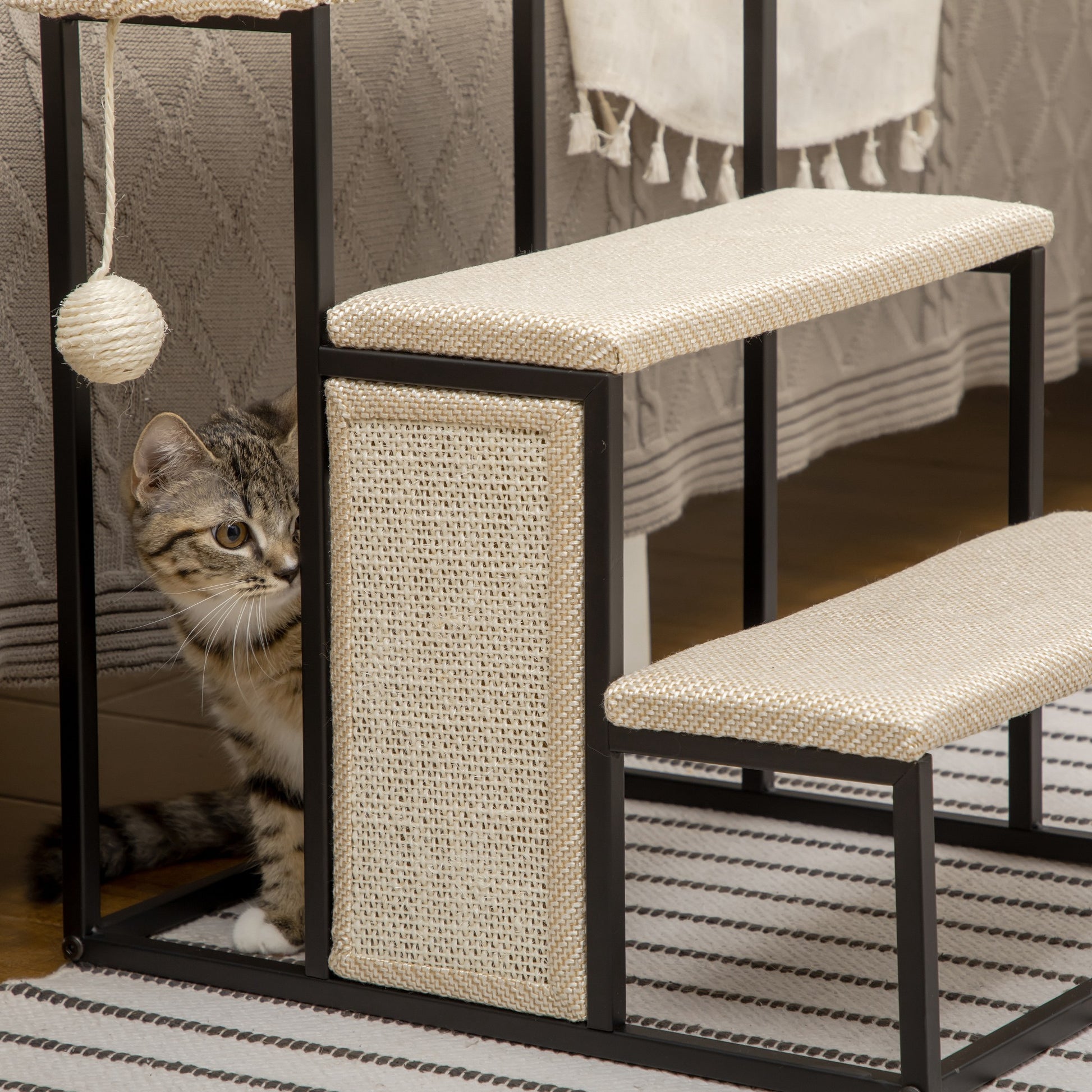 Pawhut Escalera Para Perros De 3 Niveles Con Bola Colgante 47x45x47 Cm Crema_4