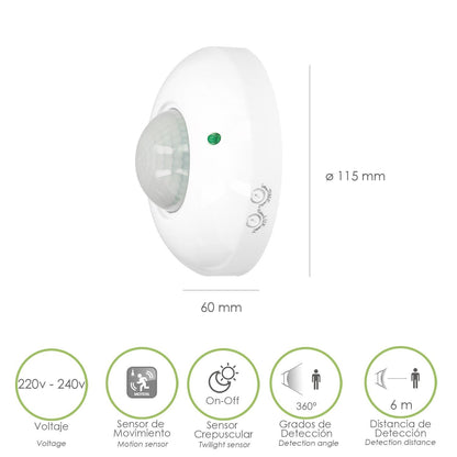 Detector De Movimiento Por Infrarrojos Con Sensor Crepuscular 360°. Ajustable_1