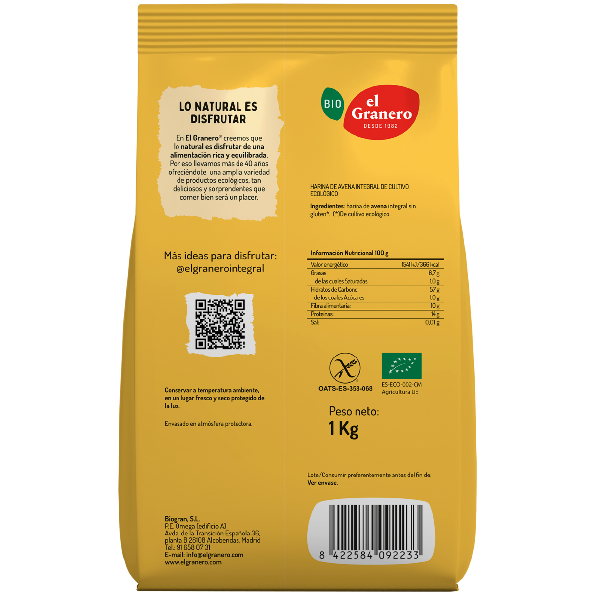 Harina de Avena Integral Sin gluten BIO El Granero 1 Kg