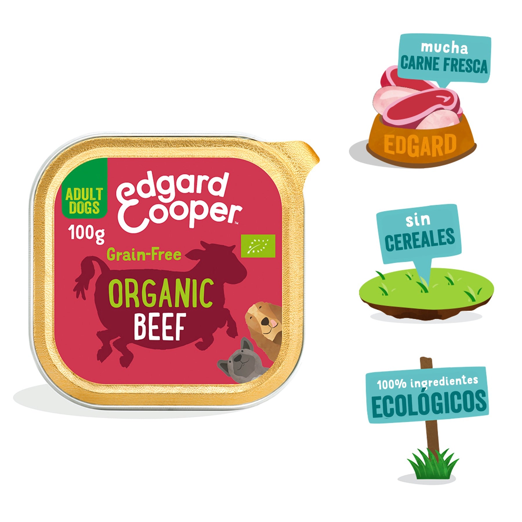 Tarrina de comida para perros con ternera orgánica sin cereales | Edgard & Cooper 100 g