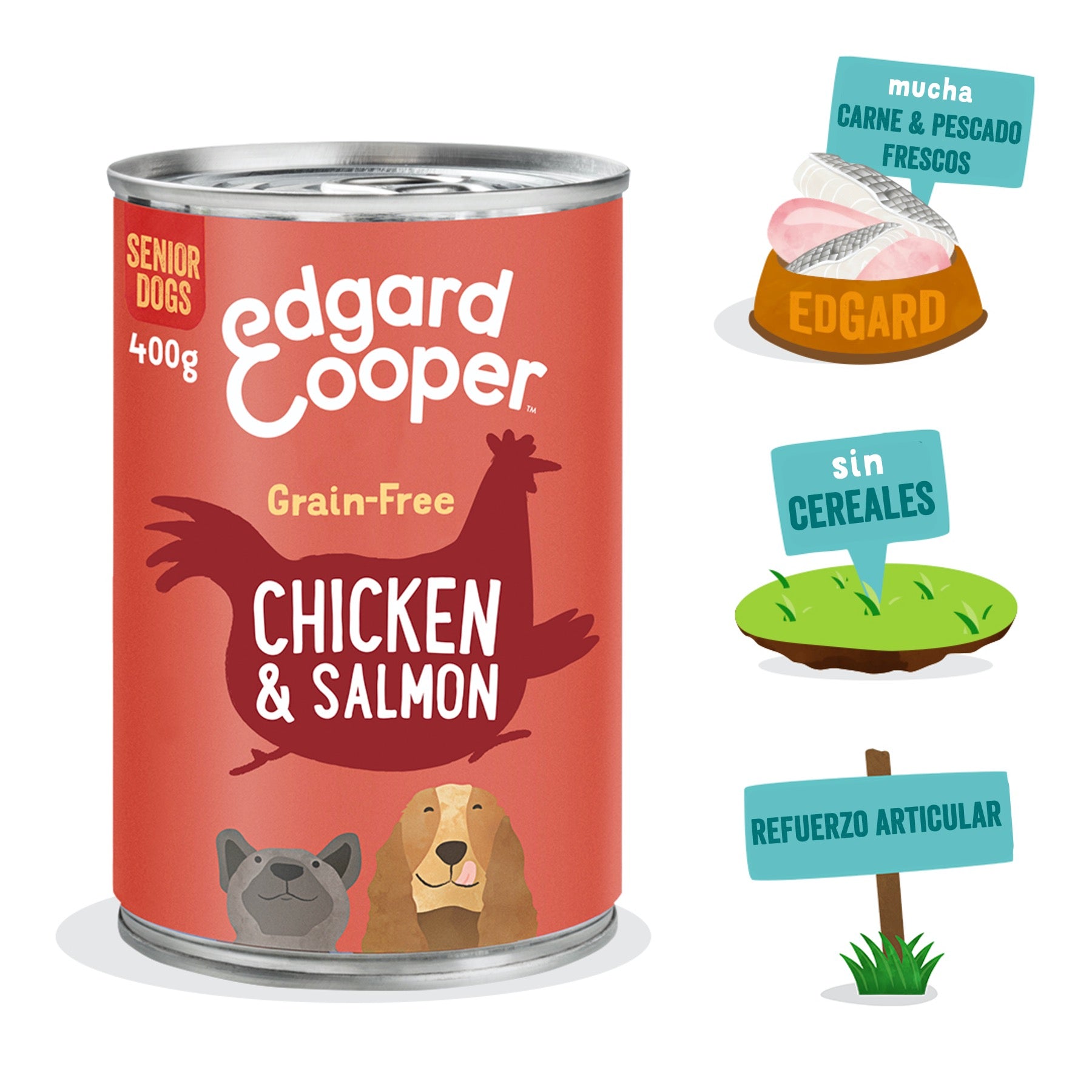 Lata de comida para perros senior con pollo y salmón sin cereales | Edgard & Cooper 400 g