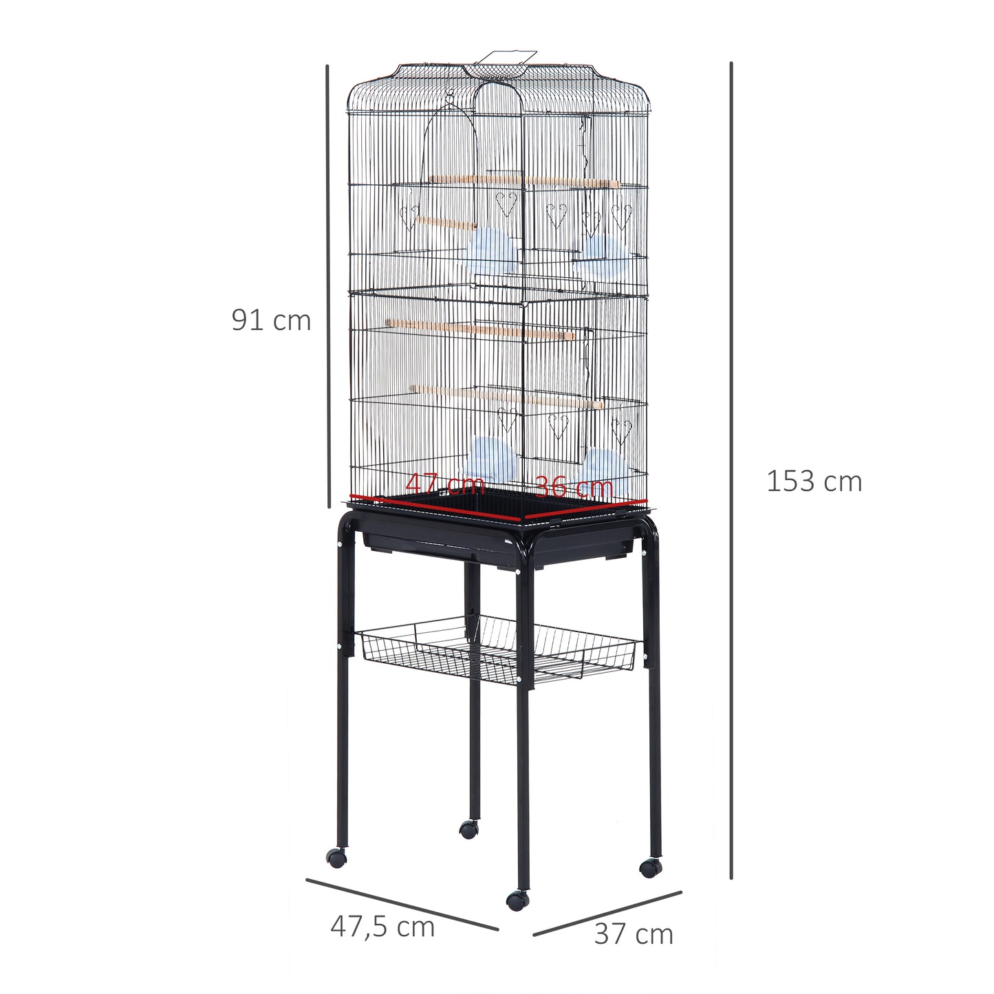 Pawhut Jaula Para Pájaros Con Soporte 4 Ruedas Y Comederos 47,5x37x153 Cm Negro_2