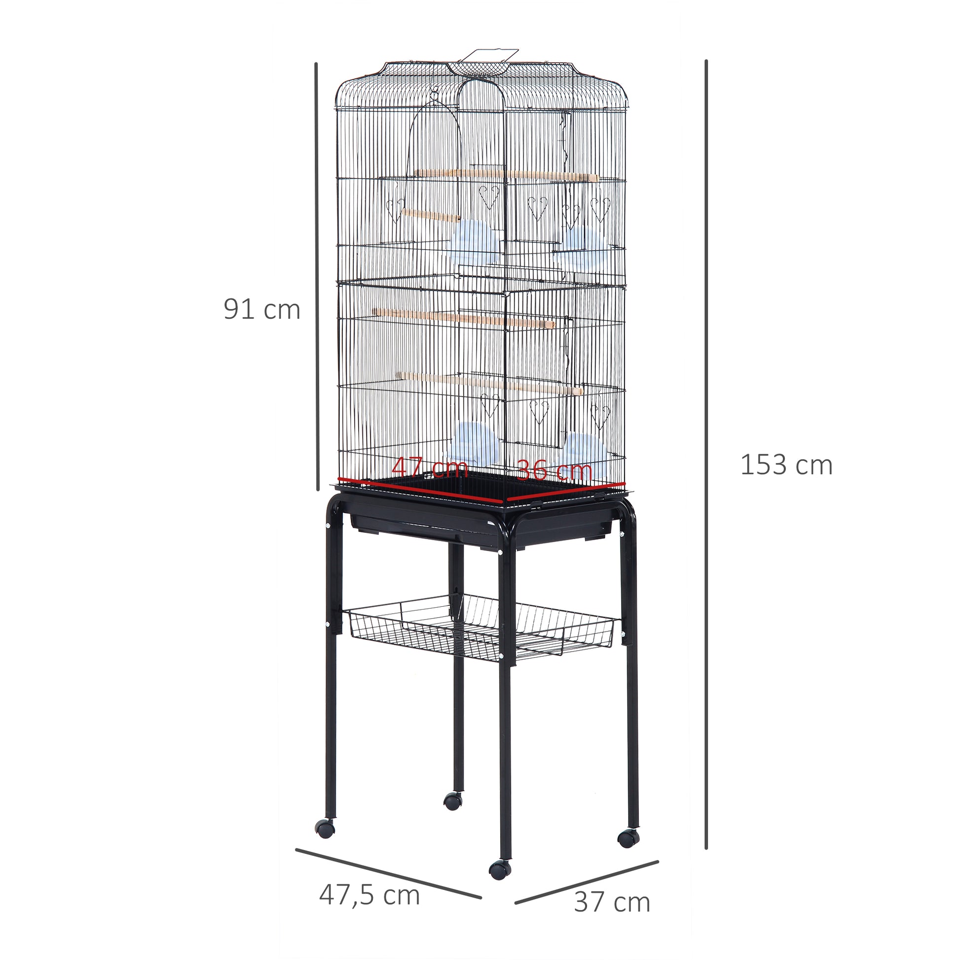 Pawhut Jaula Para Pájaros Con Soporte 4 Ruedas Y Comederos 47,5x37x153 Cm Negro_2