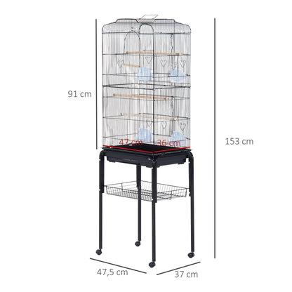 Pawhut Jaula Para Pájaros Con Soporte 4 Ruedas Y Comederos 47,5x37x153 Cm Negro_2