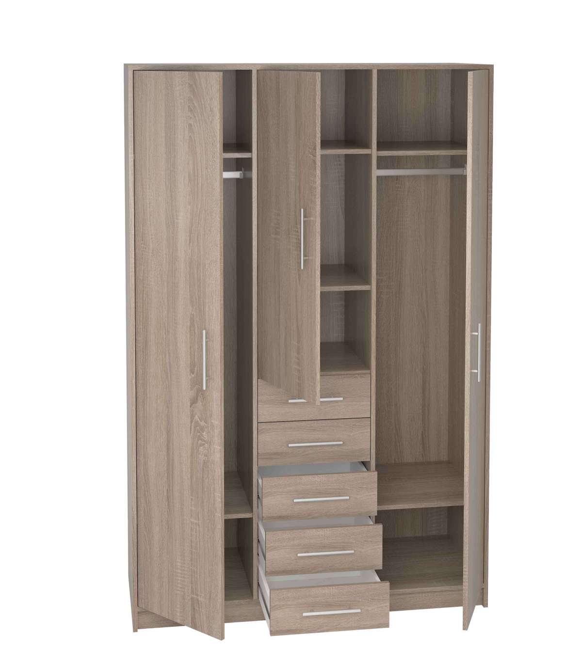 Armario 3 Puertas Abatibles 5 Cajones Acabado Roble, 200 Cm(alto)130 Cm(ancho)50 Cm(fondo)_4
