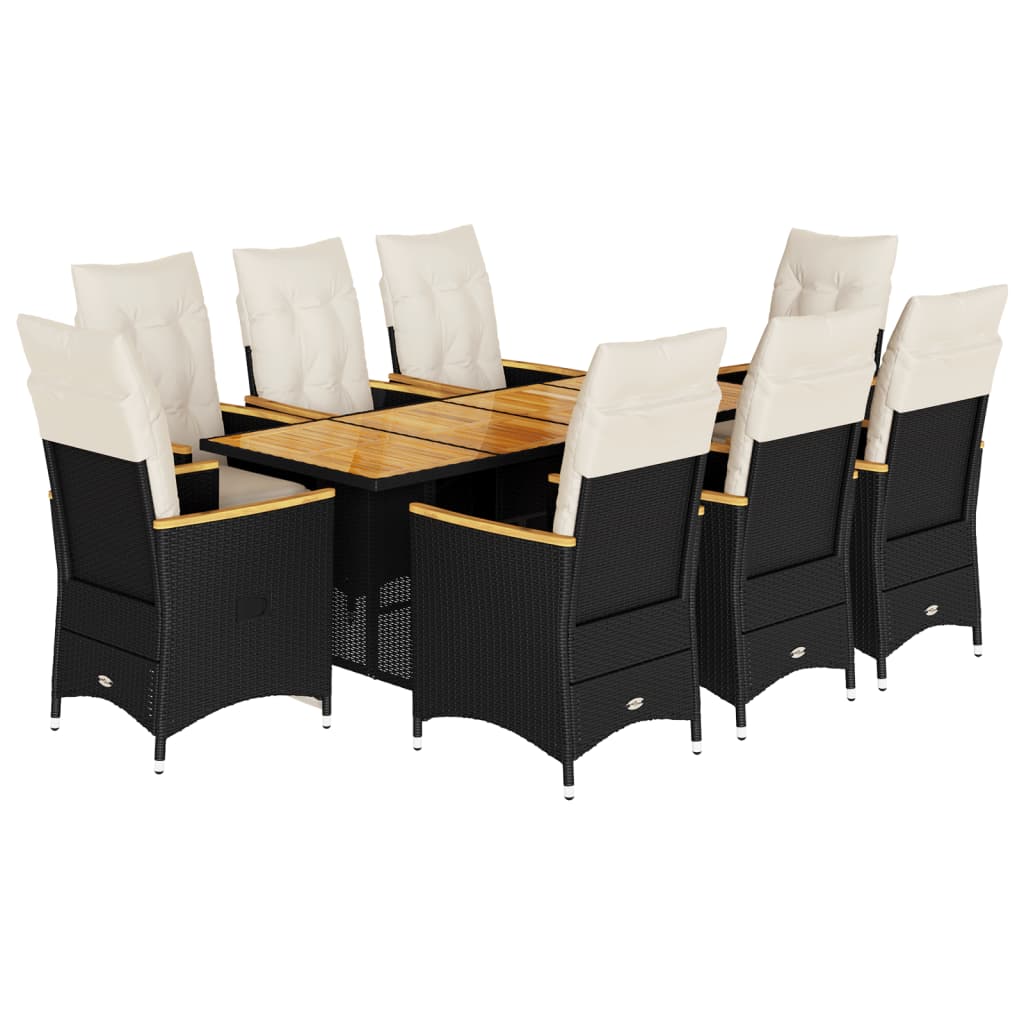 Set De Mesa Y Sillas De Jardín 9 Pzas Y Cojines Ratán Pe Negro / Vetonek_2