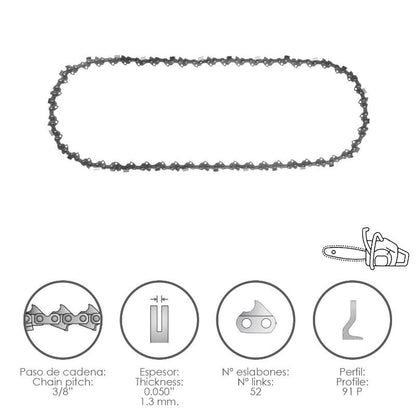 Cadena Motosierra 3/8 / 0.050 1,3 Mm. / 52 Eslabones / 91 P