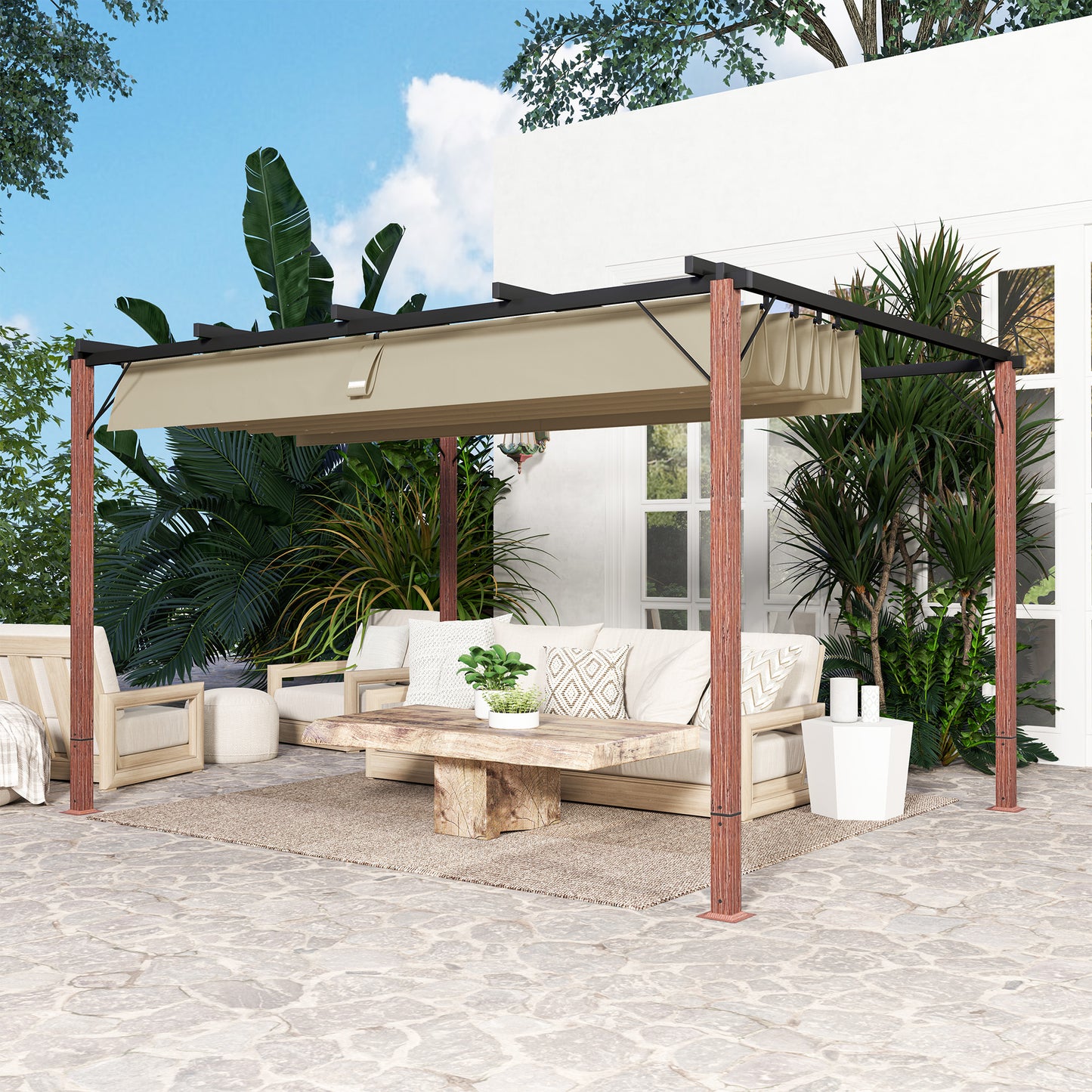Outsunny Pérgola Con Techo Retráctil 4x3 M Resistente Al Agua Natural Y Café_4