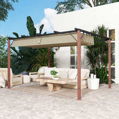 Outsunny Pérgola Con Techo Retráctil 4x3 M Resistente Al Agua Natural Y Café_4