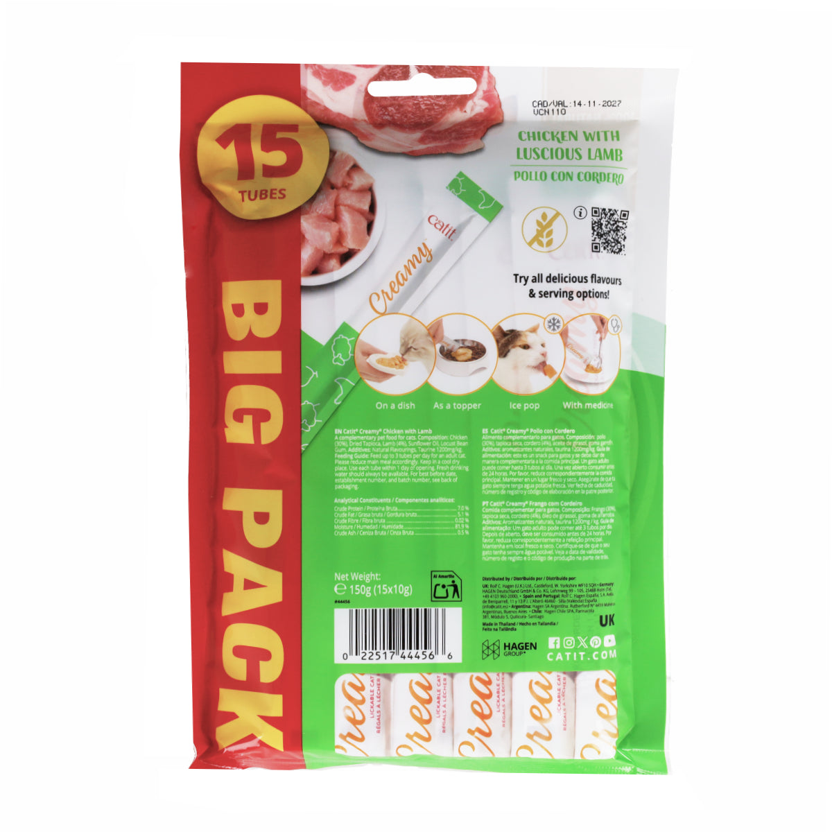 Snack líquido para gatos sabor pollo y cordero Creamy 15 x 10 g Catit