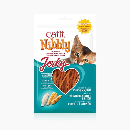 Snack tipo jerky para gatos sabor pollo y pescado Nibbly 30 g Catit