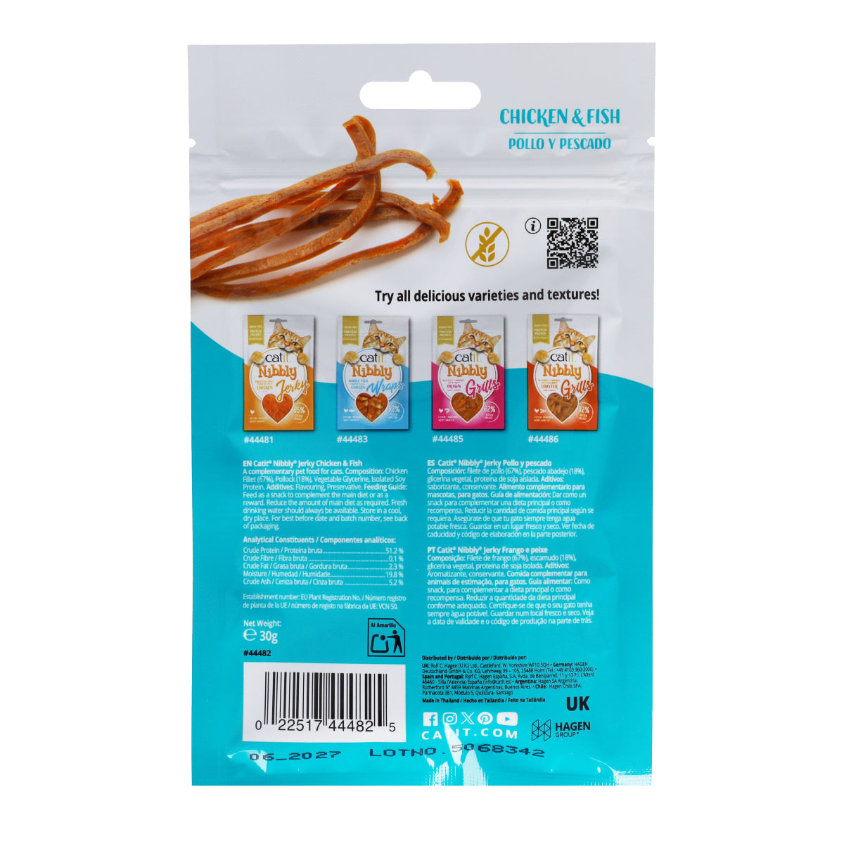 Snack tipo jerky para gatos sabor pollo y pescado Nibbly 30 g Catit