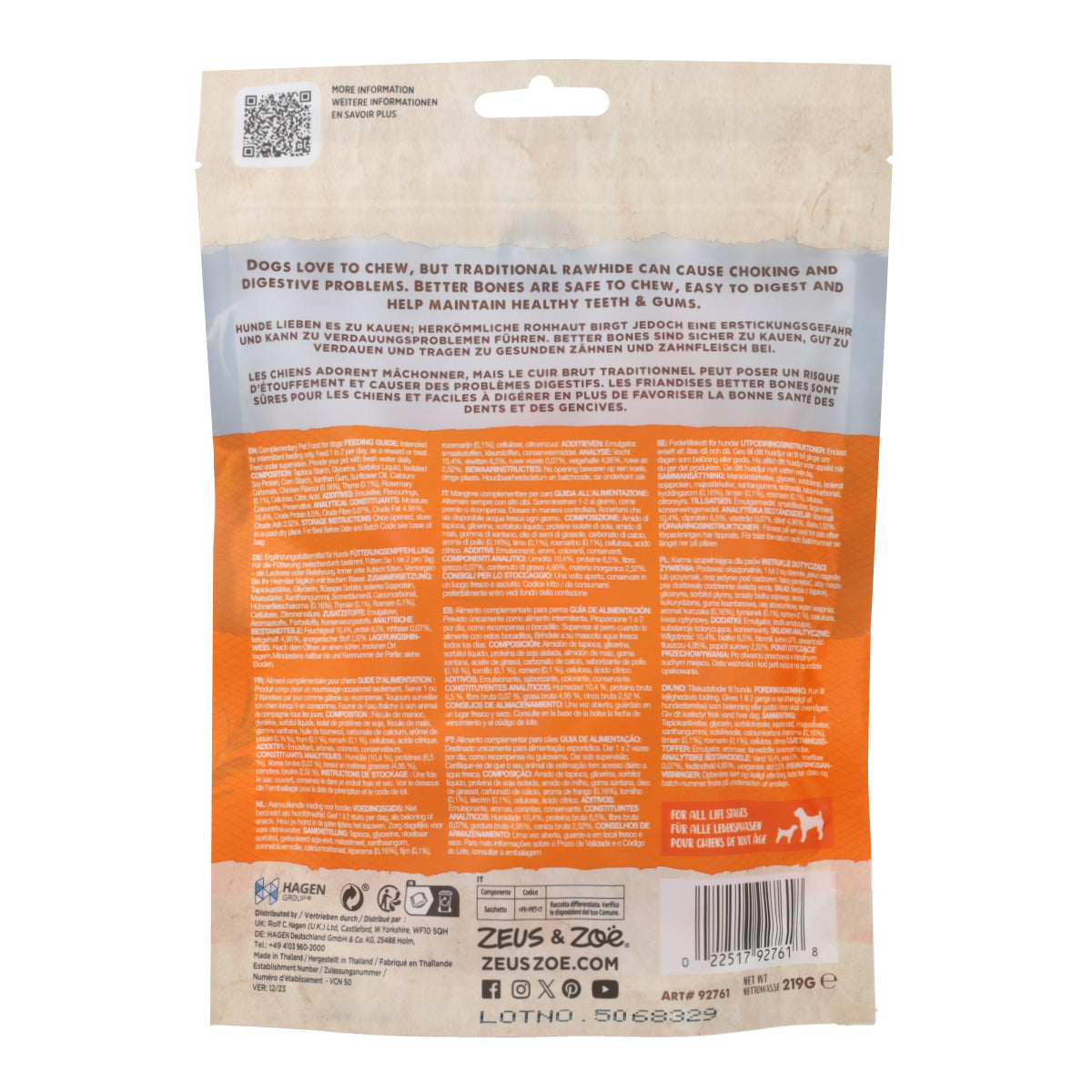 Snack para perros Better Bones sin proteina animal Pollo Small Bones 7,5 cm 10 uds Zoë