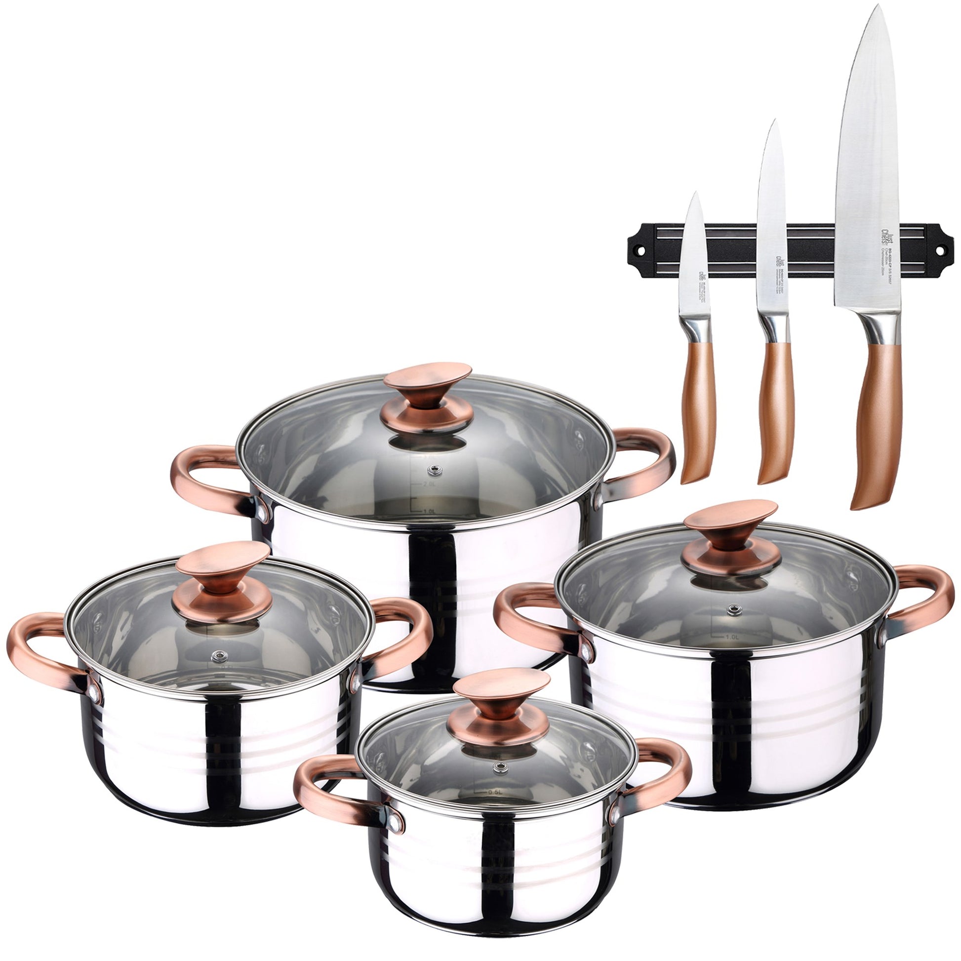Batería de Cocina San Ignacio Altea 8 Pzas Acero Inoxidable Apta para Inducción + Set de 3 Cuchillos con Barra Magnética_0