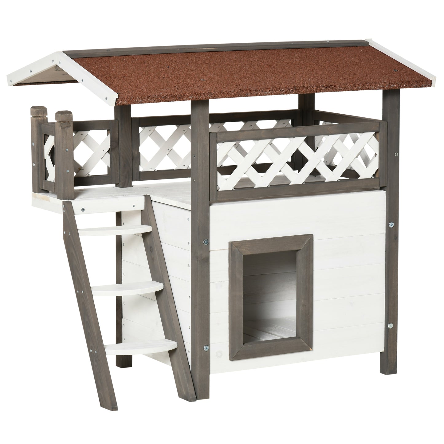 Pawhut Caseta Para Gatos De Madera 77x50x73cm Con Techo Terraza Vallada Blanco_0