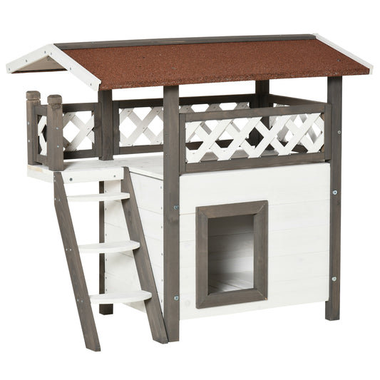 Pawhut Caseta Para Gatos De Madera 77x50x73cm Con Techo Terraza Vallada Blanco_0