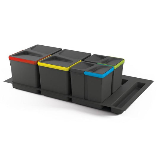 Contentores de Reciclagem Emuca, 12 L + 12 L + 6 L + 6 L, módulo 900 mm, Plástico, Cinzento Antracite, 4 unidades + Base