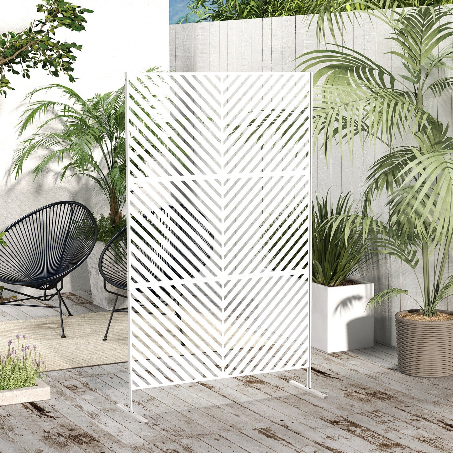 Outsunny Biombo Exterior Con Patrón De Triángulo Invertido 122x45x198 Cm Blanco_1