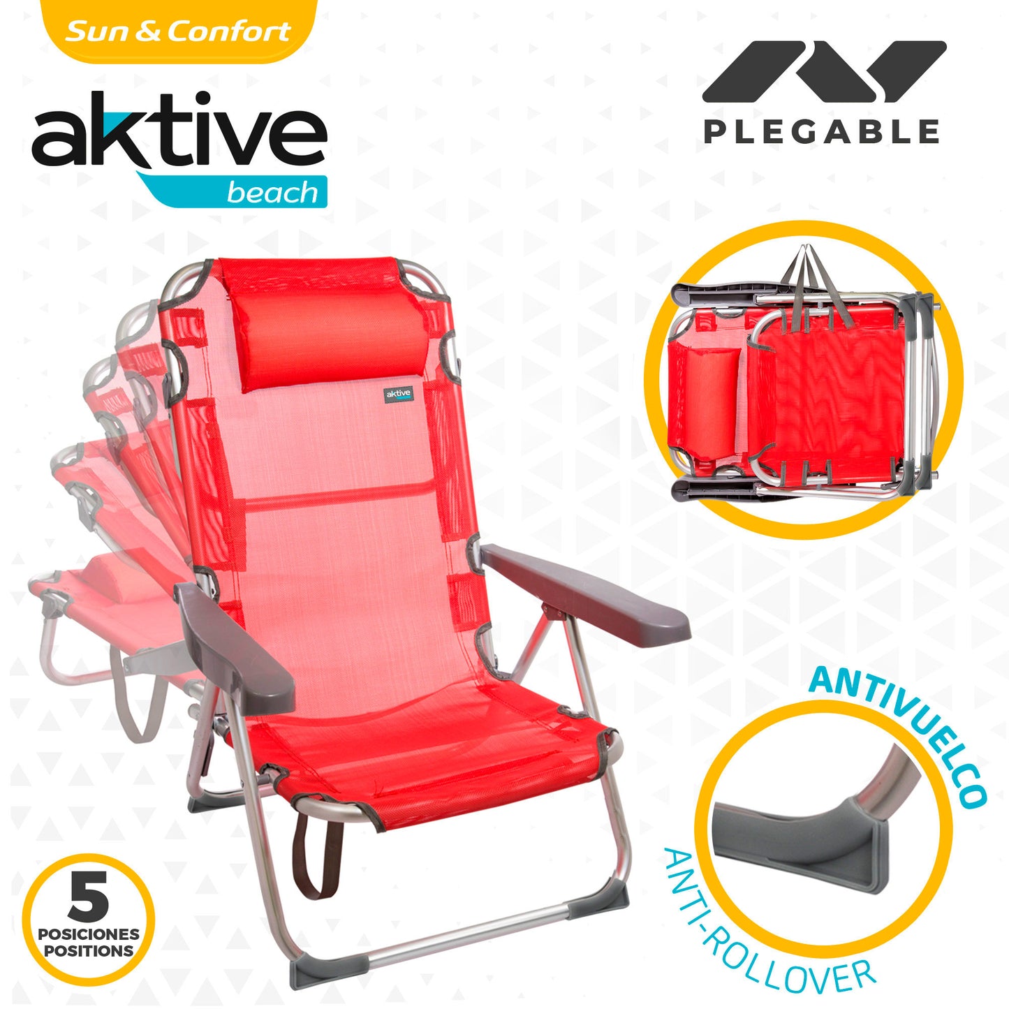 Aktive Pack 2 Sillas Playa 48x60x90 Cm Rojo Multiposición Con Cojín_2