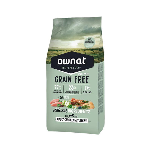 Ração Ownat Grain Free Prime para frango e peru para todas as raças de cães adultos 12 kg