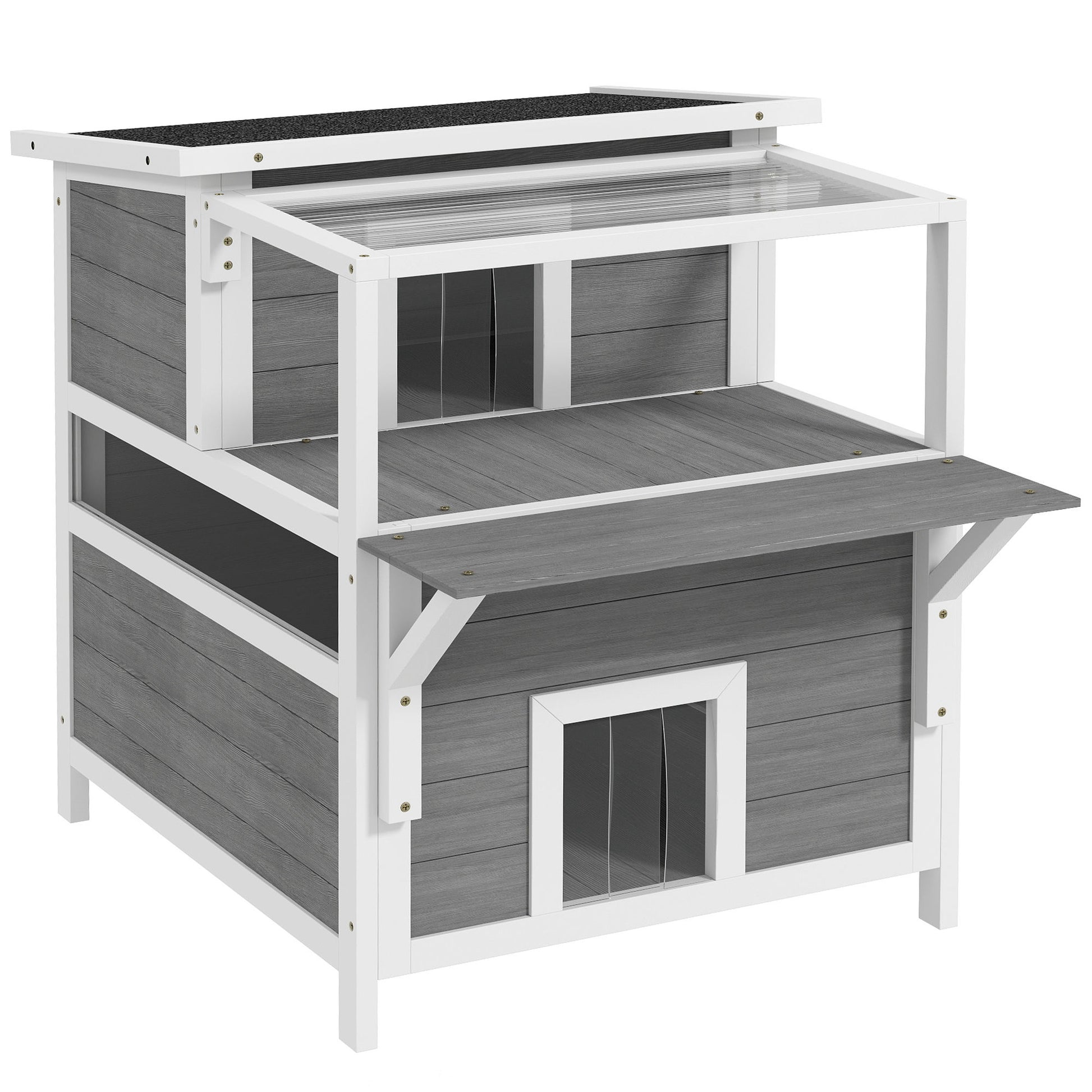 Pawhut Caseta Para Gatos De Madera Con Techo Asfáltico 64x87x76 Cm Gris Claro_0