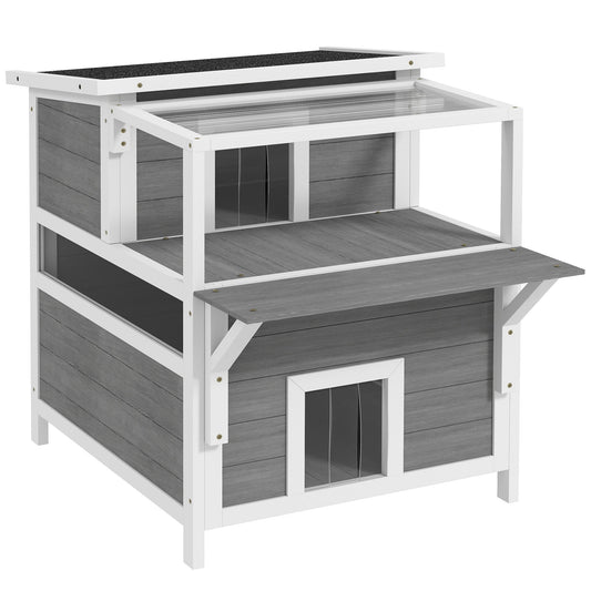 Pawhut Caseta Para Gatos De Madera Con Techo Asfáltico 64x87x76 Cm Gris Claro_0