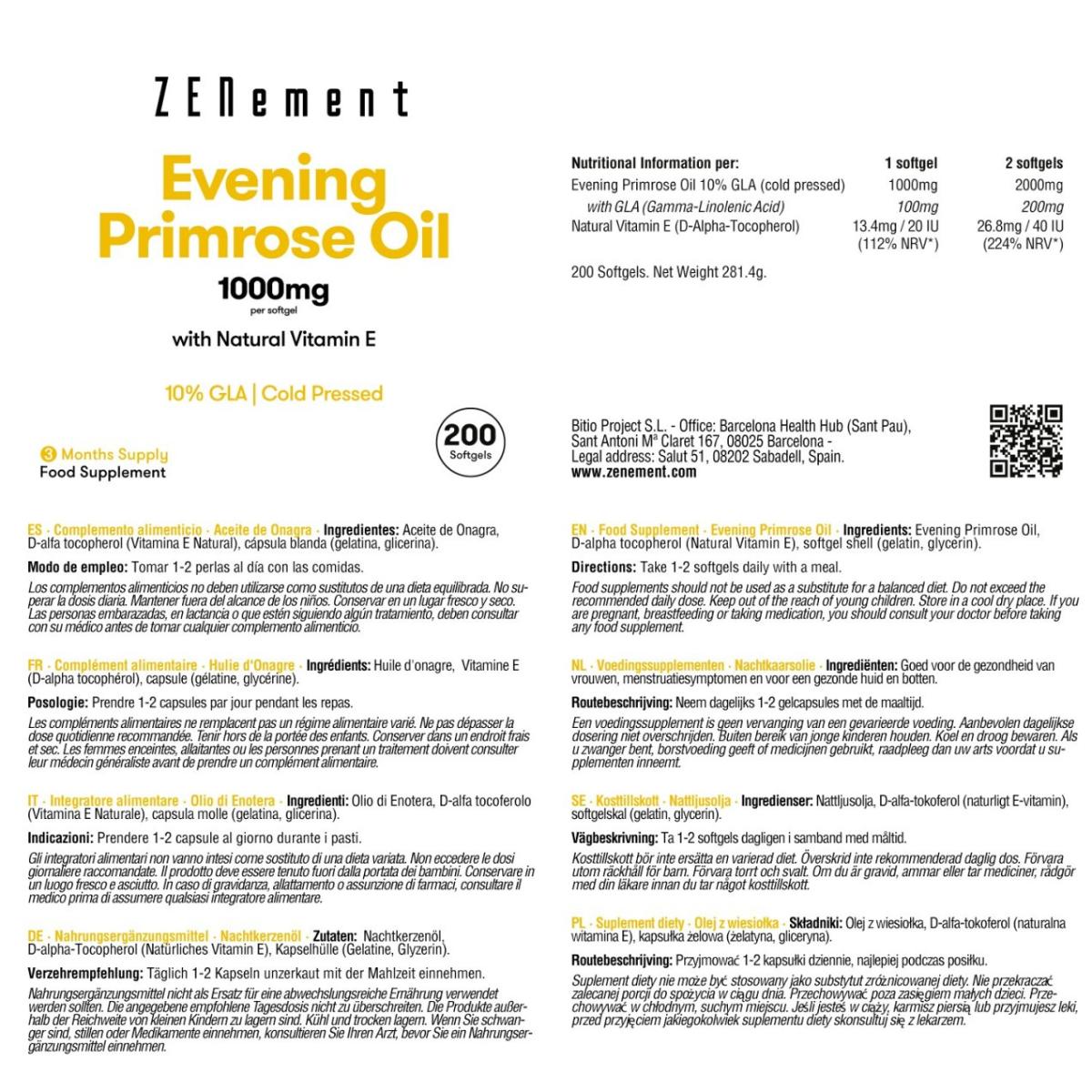 Óleo de Onagra, 1000 mg por cápsula mole, 10% GLA, prensado a frio Zenement, 200 comprimidos