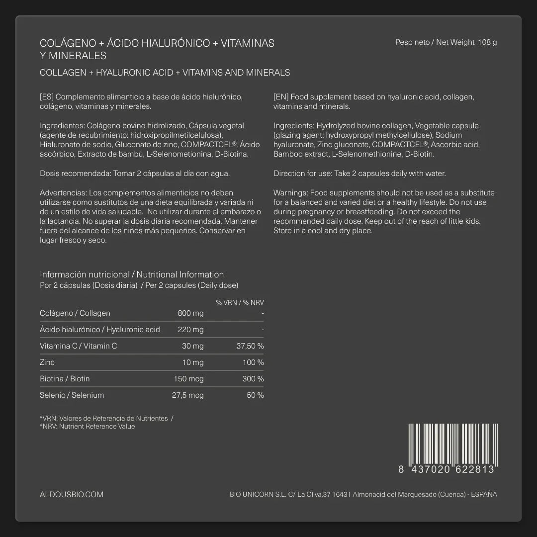 Ácido hialurónico + colagénio, vitamina C, biotina, zinco, selénio Aldous BIO 120 cápsulas XL