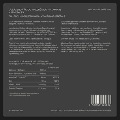 Ácido hialurónico + colagénio, vitamina C, biotina, zinco, selénio Aldous BIO 120 cápsulas XL