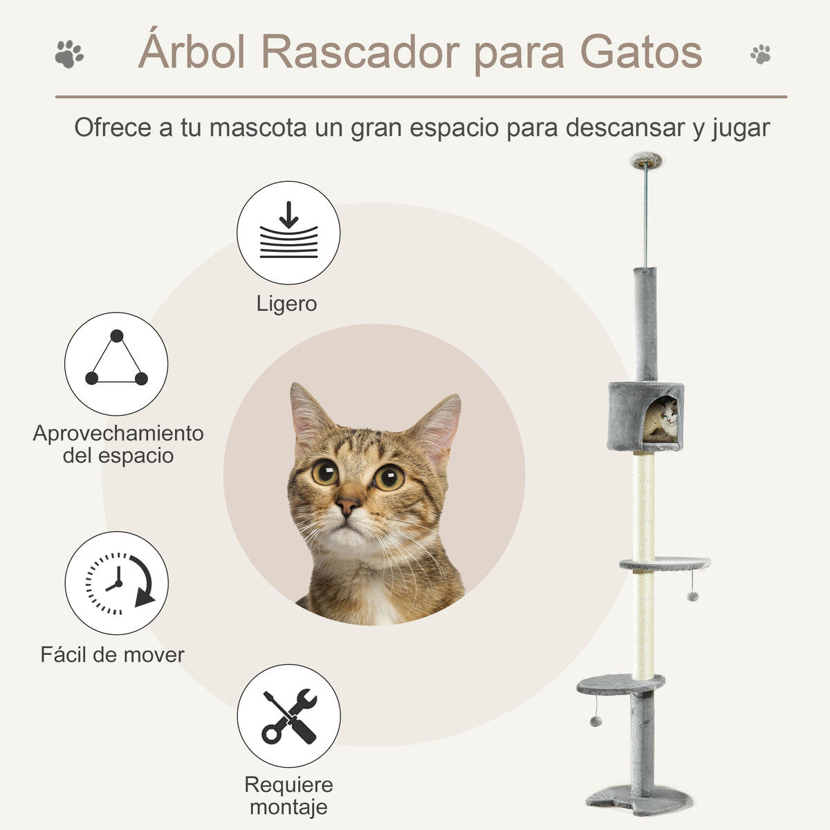 Pawhut Árbol Rascador Para Gatos Altura 255 Cm Cueva Bola Colgante_3