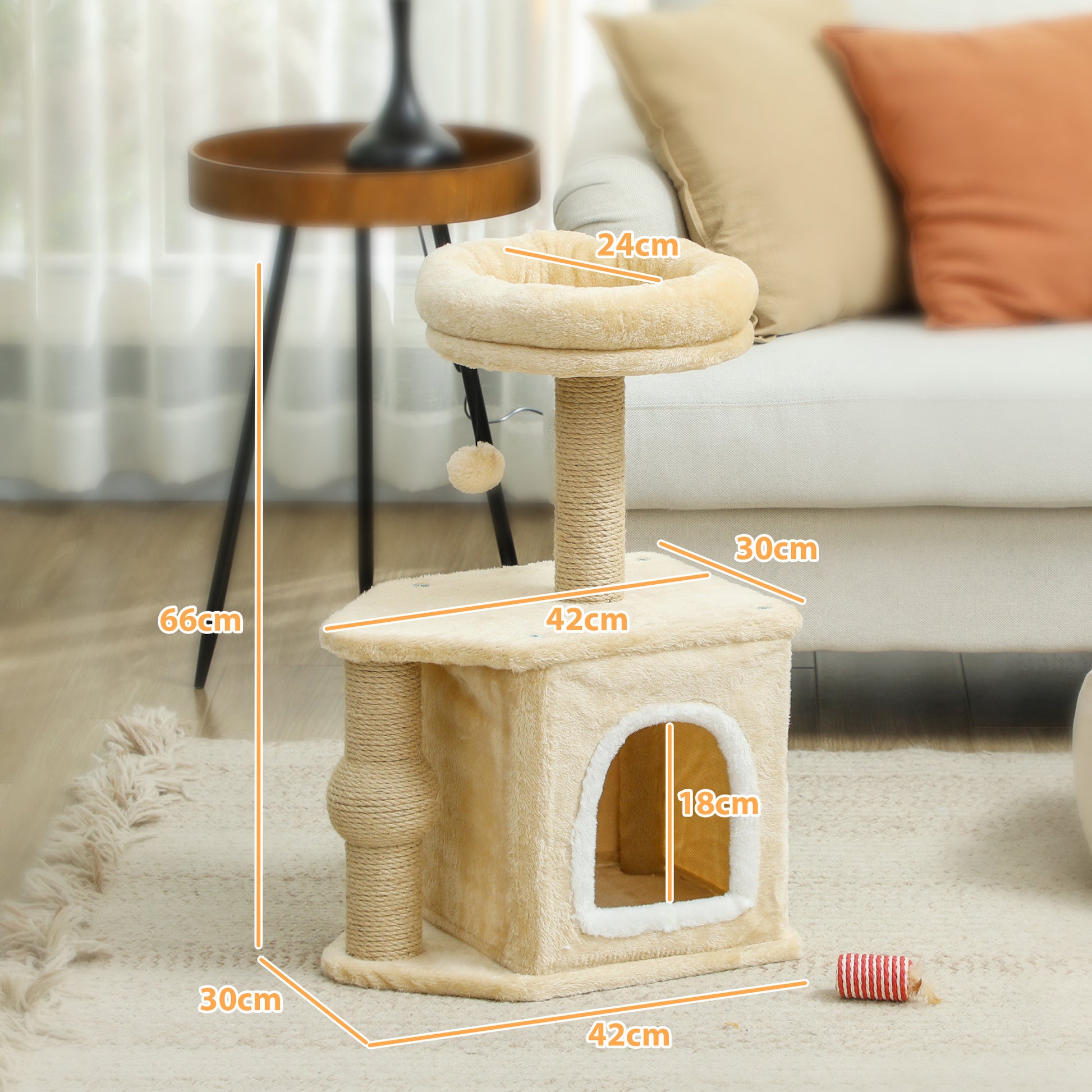 Pawhut Árbol Rascador Para Gatos Altura 66 Cm Con Cama Poste De Yute Beige_2
