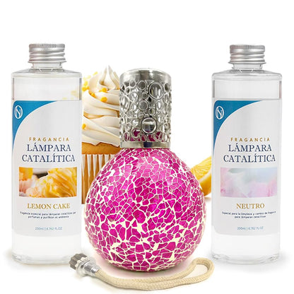 Pack Ahorro Lámpara Catalítica Mosaico Fucsia + Fragancia Lemon Cake 200ml + Limpiador Neutro 200ml + Mecha Repuesto_0