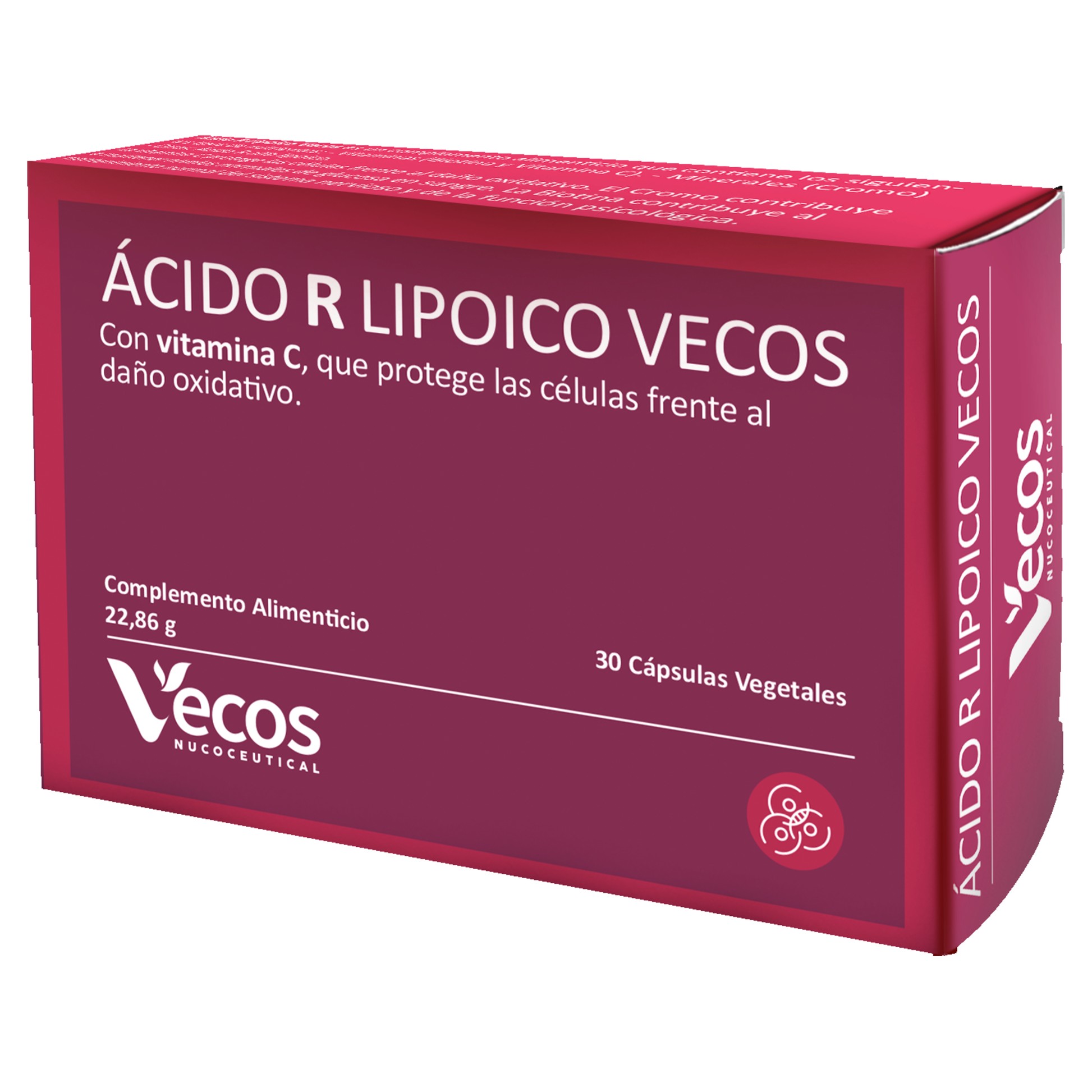 Ácido R Lipoico 600 mg VECOS (30 cápsulas) | Potente antioxidante | Glucosa normal | Con Vitamina C, Biotina y Cromo_0