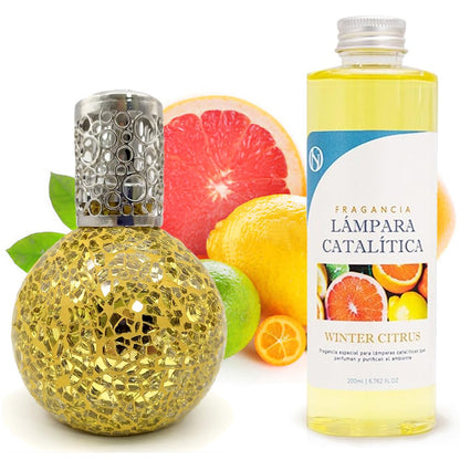 Lámpara Catalítica Mosaico Dorado + Aroma Winter Citrus 200 Ml - Elimina Malos Olores, Impurezas Y Perfuma_0