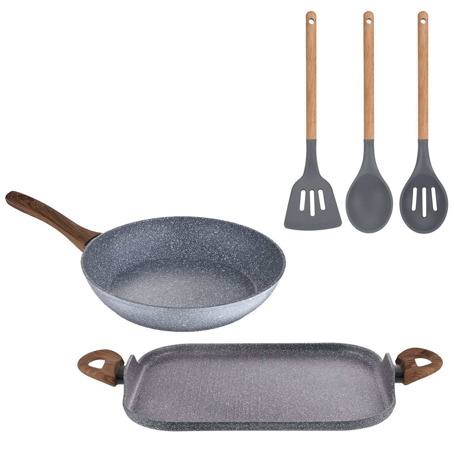 Juego De Sarten Con Asador Grill De 26 Cm Y 35,5x28,3 Cm En Aluminio Forjado Y Set De 3 Utensilios De Cocina San Ignacio