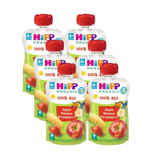 Embalagem de 6 saquetas de Maçã, Banana e Morango HiPP 100 g
