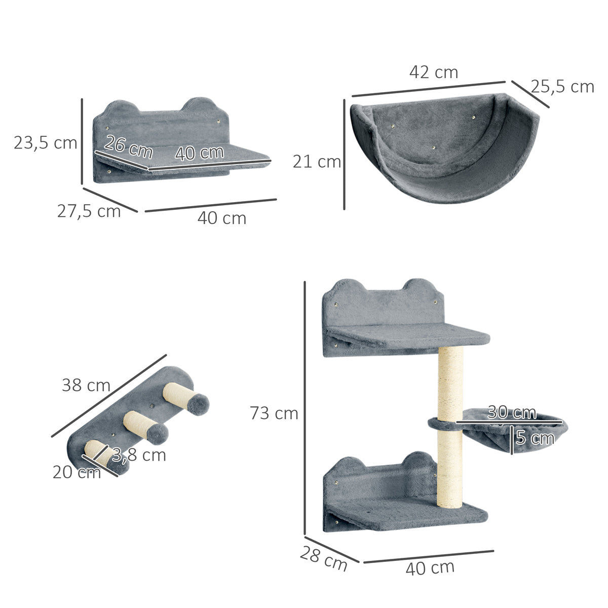 Pawhut Estante De Escalada Para Gatos De Pared Con Hamaca Nido Plataformas Gris_2