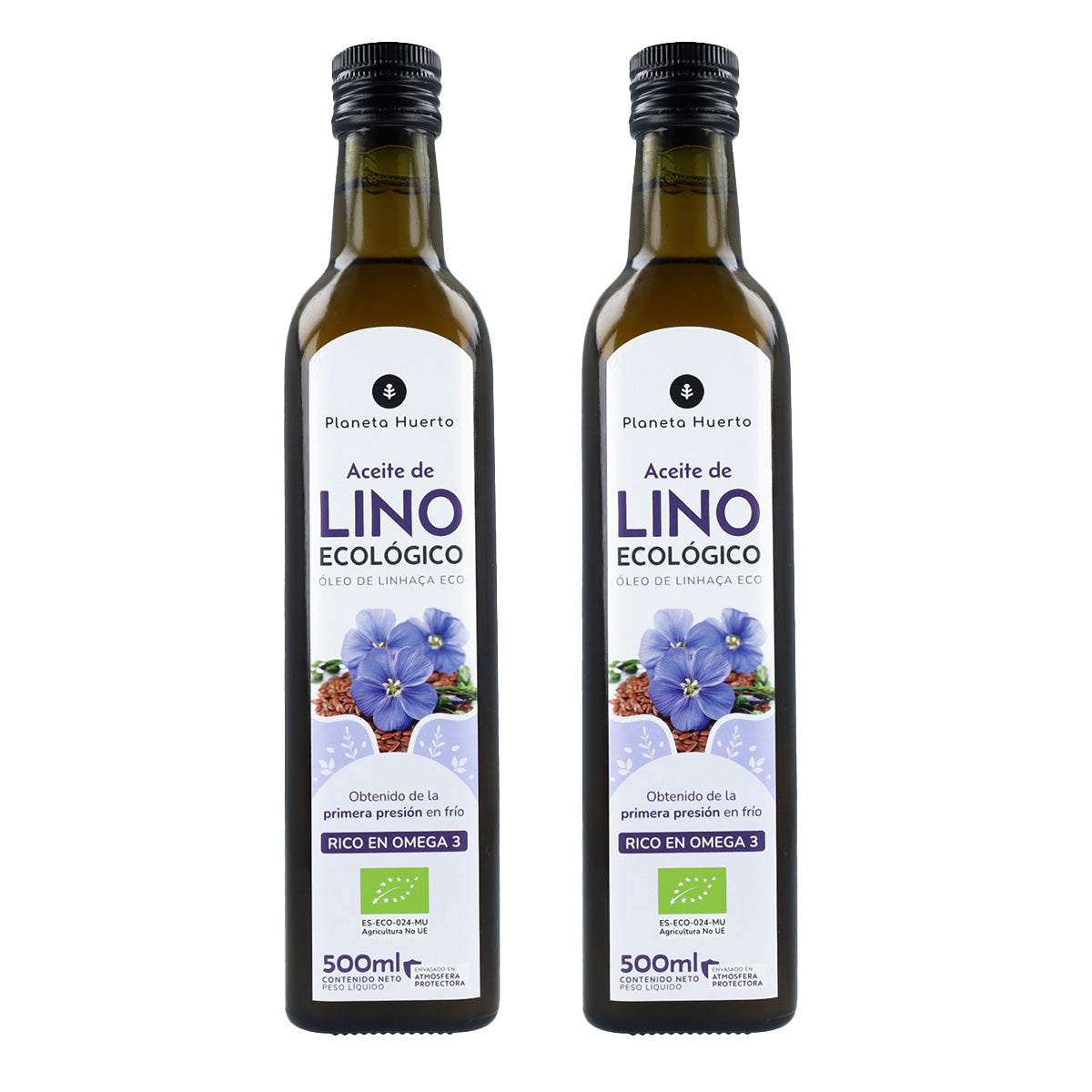 Embalagem de 2 Óleos de Linhaça Prensados ​​a Frio Planeta Huerto ECO 500 ml