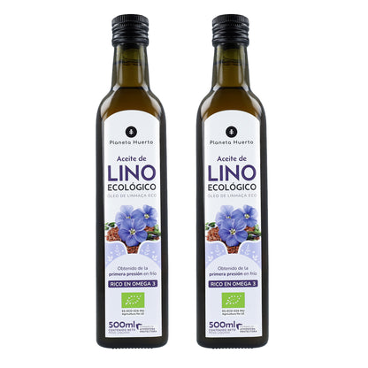 Embalagem de 2 Óleos de Linhaça Prensados ​​a Frio Planeta Huerto ECO 500 ml