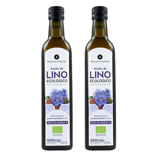Embalagem de 2 Óleos de Linhaça Prensados ​​a Frio Planeta Huerto ECO 500 ml